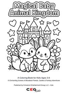 Magical Baby Animal Kingdom coloring book cover, featuring a baby fox and bunny in front of a castle